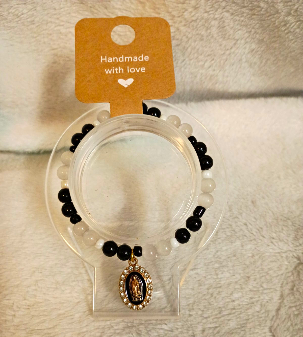 Handmade Black White Gold Beaded Charm Bracelet w/ Oval Religious Pendant