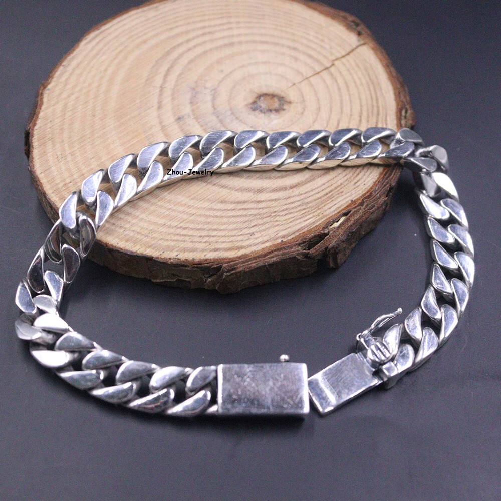 Solid S925 Sterling Silver Chain 8mm Cuban Curb Link Bracelet 34-35g 7.9inch