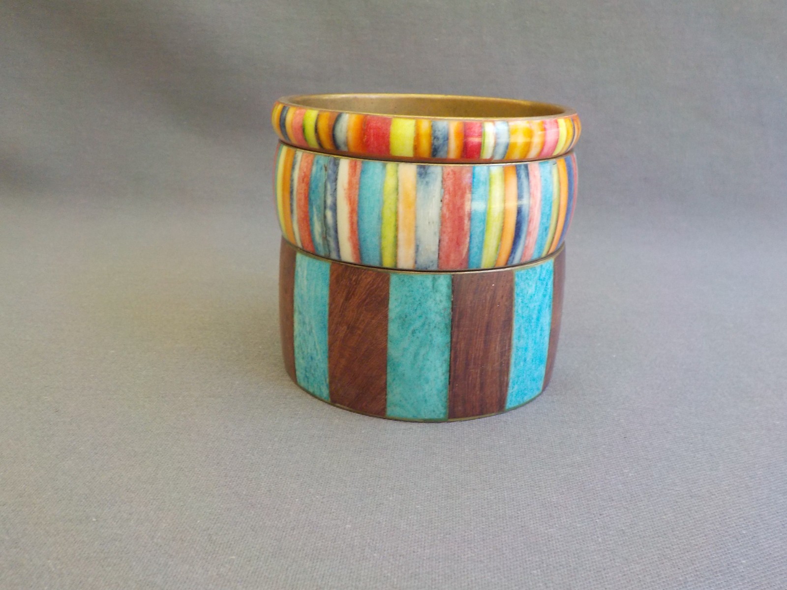 Wood & Dyed Unknown Bangle Bracelet Total 3 Metal Striped Multi Color Variety