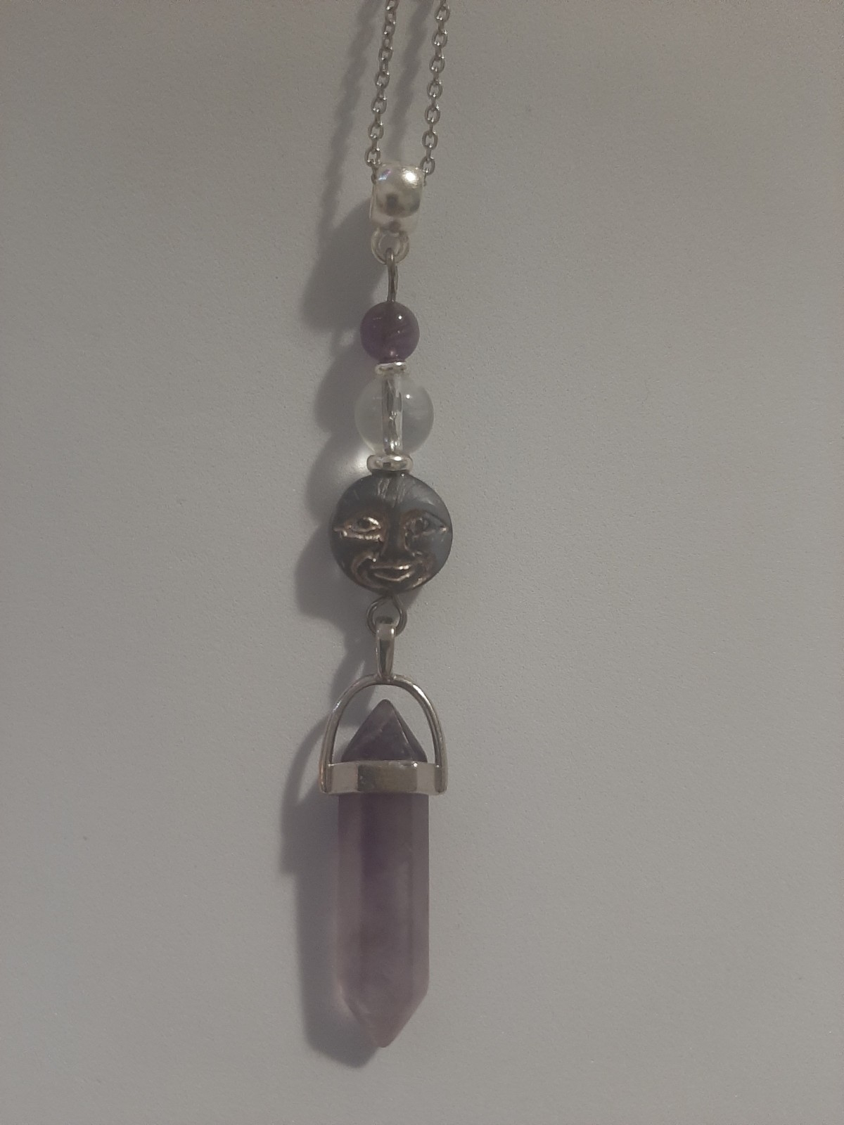 Genuine AMETHYST DT Crystal CLEAR QUARTZ Beads Glass Moon Face Pendant Necklace