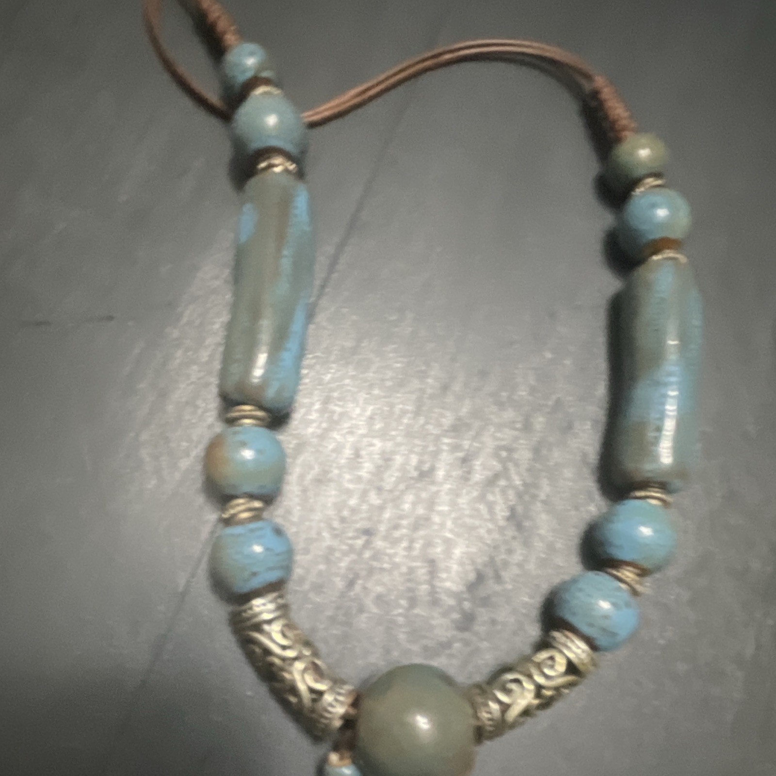 Blue Beaded Cord Necklace w/ Adjustable Closure, Silver Tone Accents & Charm