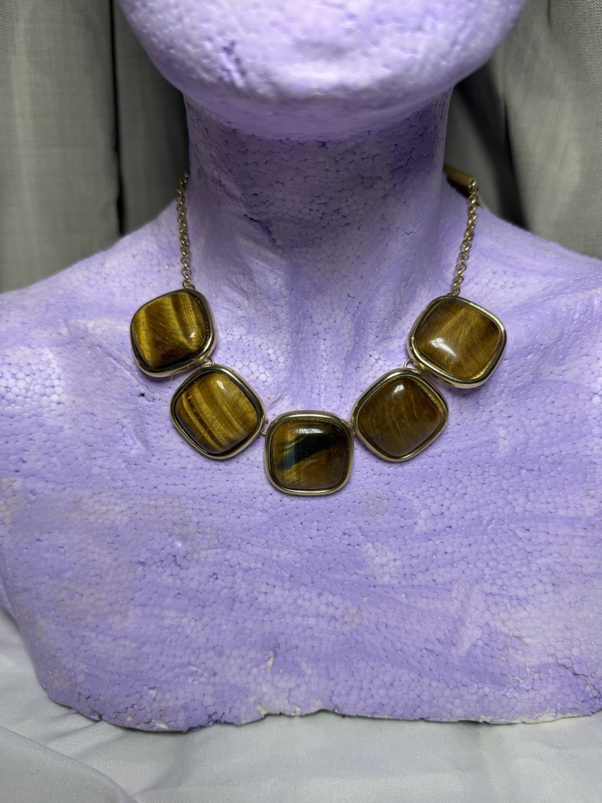 Monet Jackie Gems Semi Precious Accent Necklace Gold Tone Tiger Eye Style #07