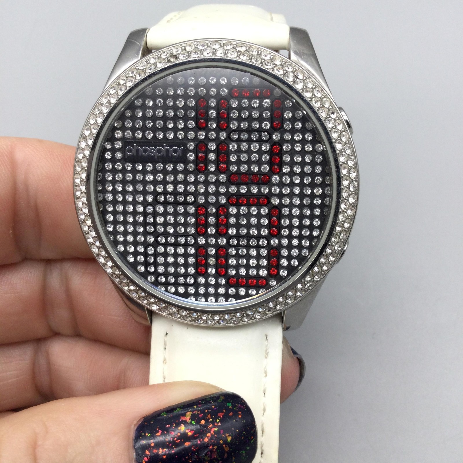 Phosphor Reveal Womens Watch 39mm Crystals LED Digital White Leather New Battery