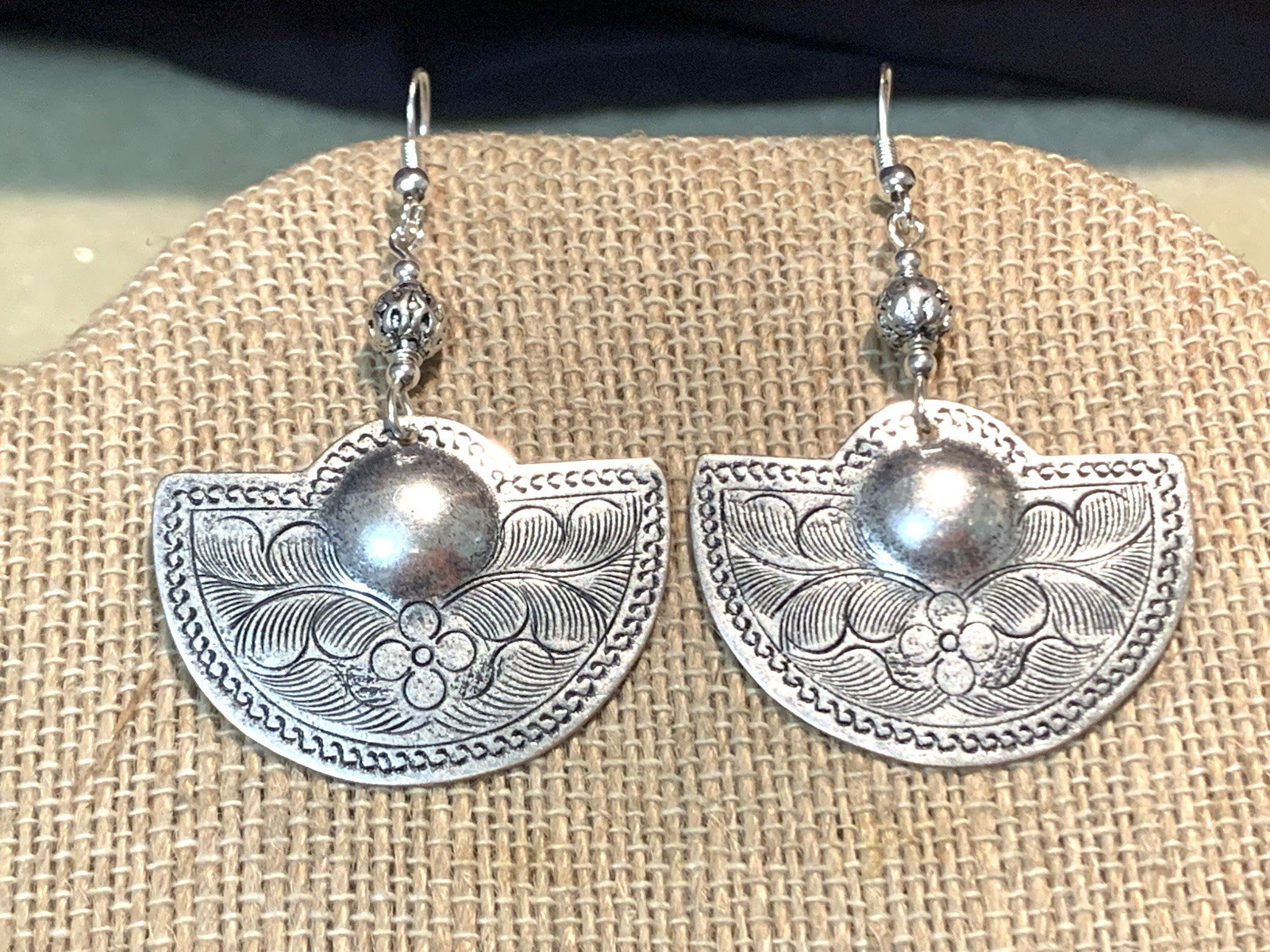 NEW ITEM *MED. ENGRAVED SILVER HILL TRIBE HALF-MOON DROP EARRINGS .925 WIRES-NEW