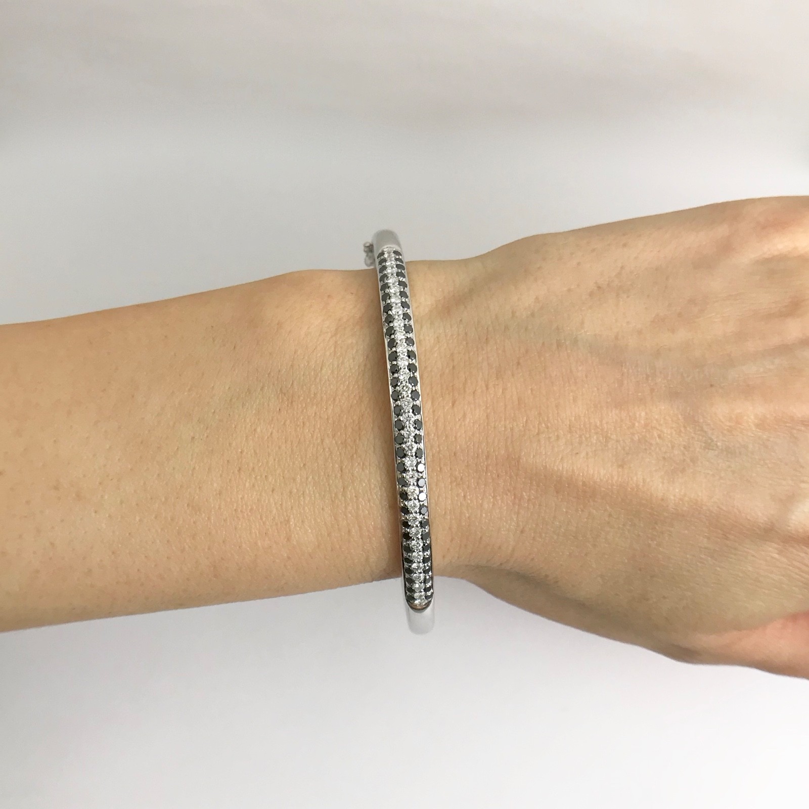 Pave Black White Diamond Bangle Bracelet 14K White Gold, 1.75 CTW, 14.07 Grams