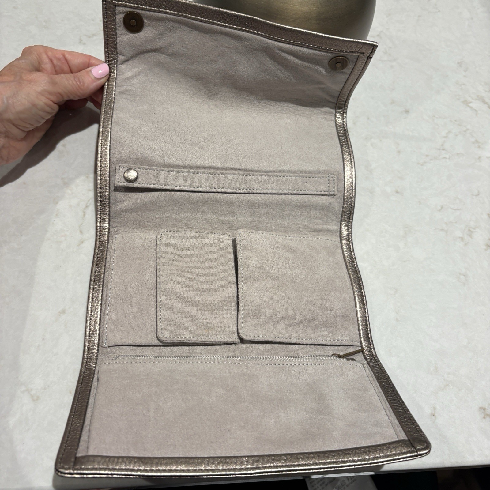 FOSSIL Soft Metallic Bronze Leather Flap Travel Jewelry Case Roll Clutch Wallet