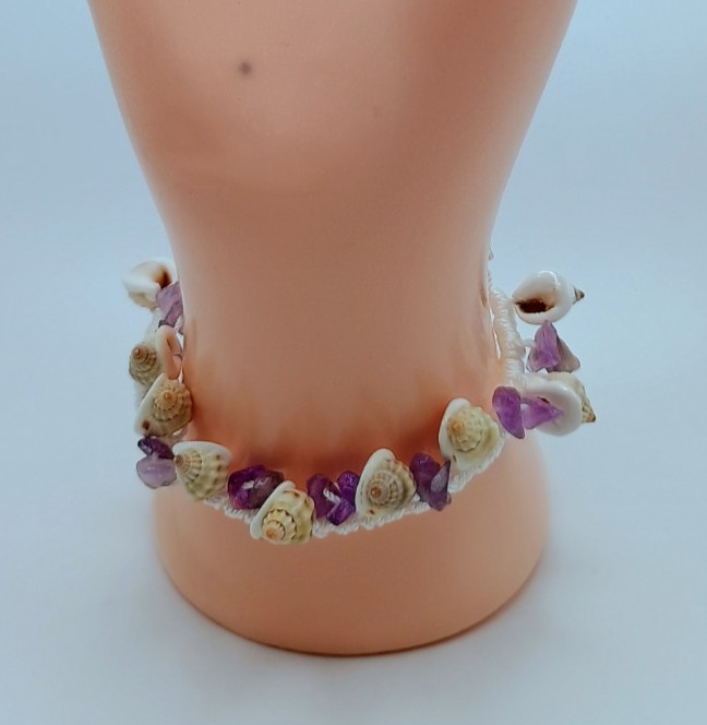 Macrame Beach Anklet with Amethyst and Natural Shells