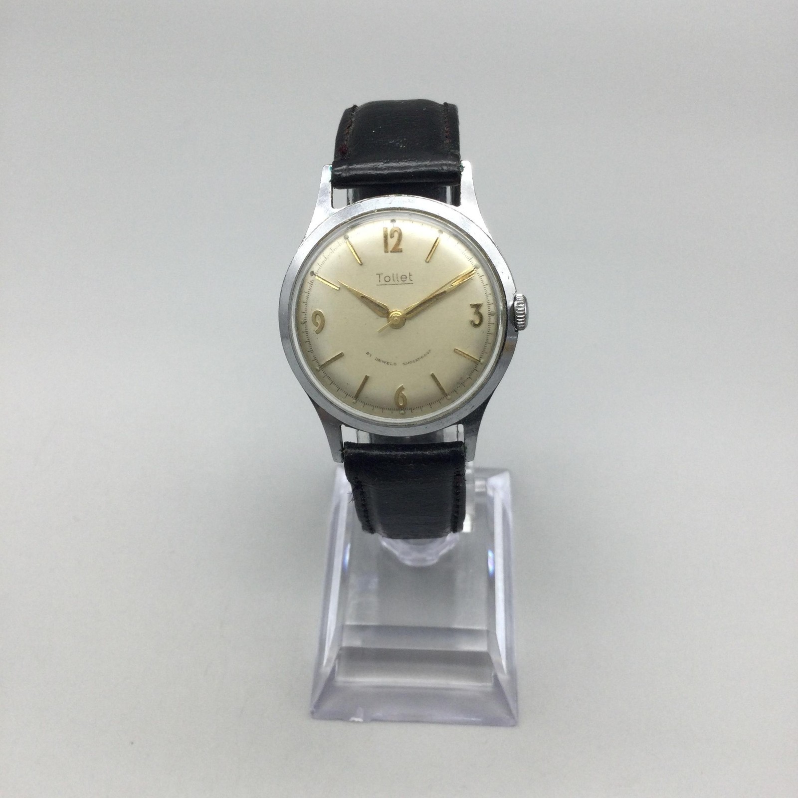 Vintage Tollet Mens Watch 32mm Cream Dial Silver Tone Black Leather Manual Wind
