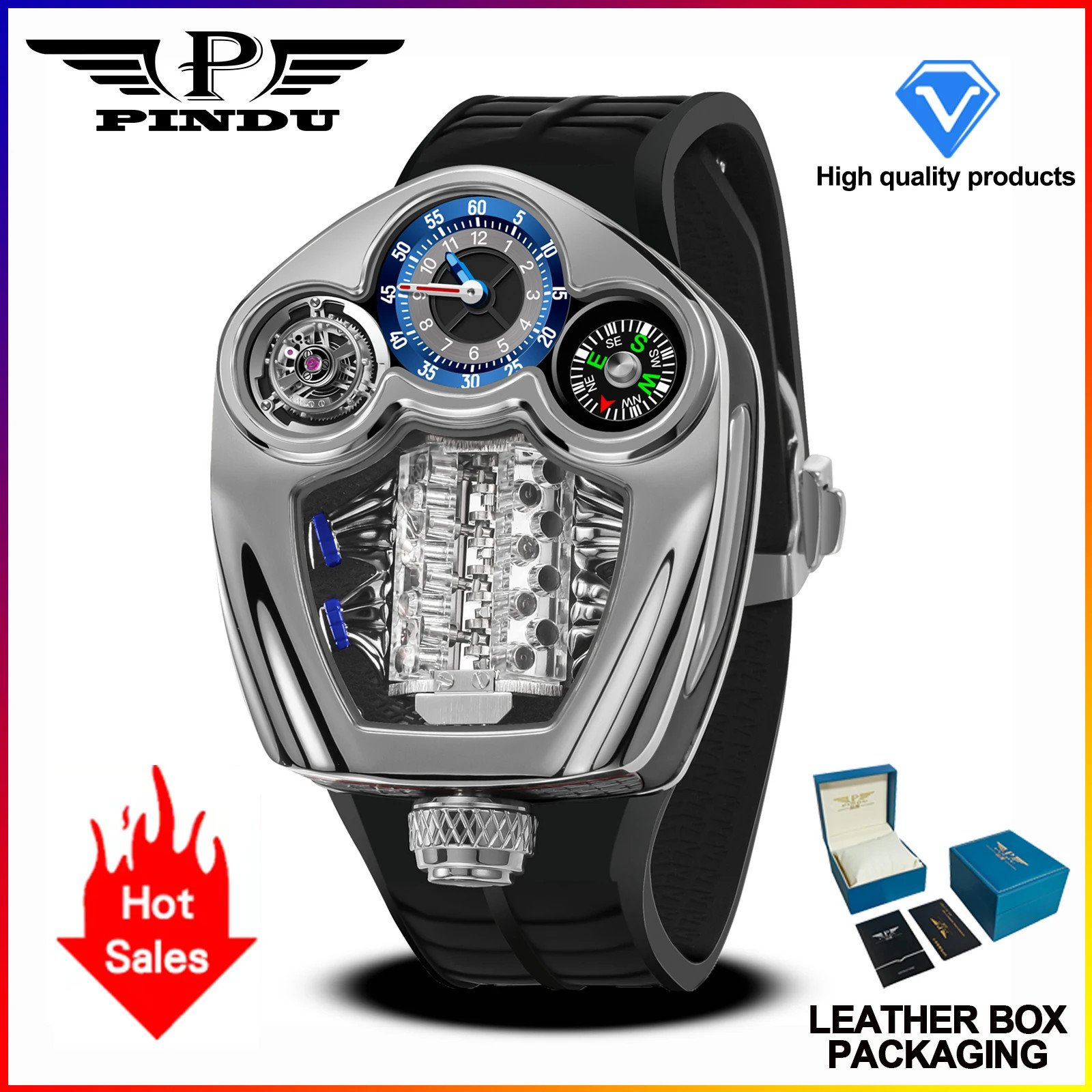 PINDU Engine Series Watch Men Compass Waterproof Swiss Quartz 762 Movement