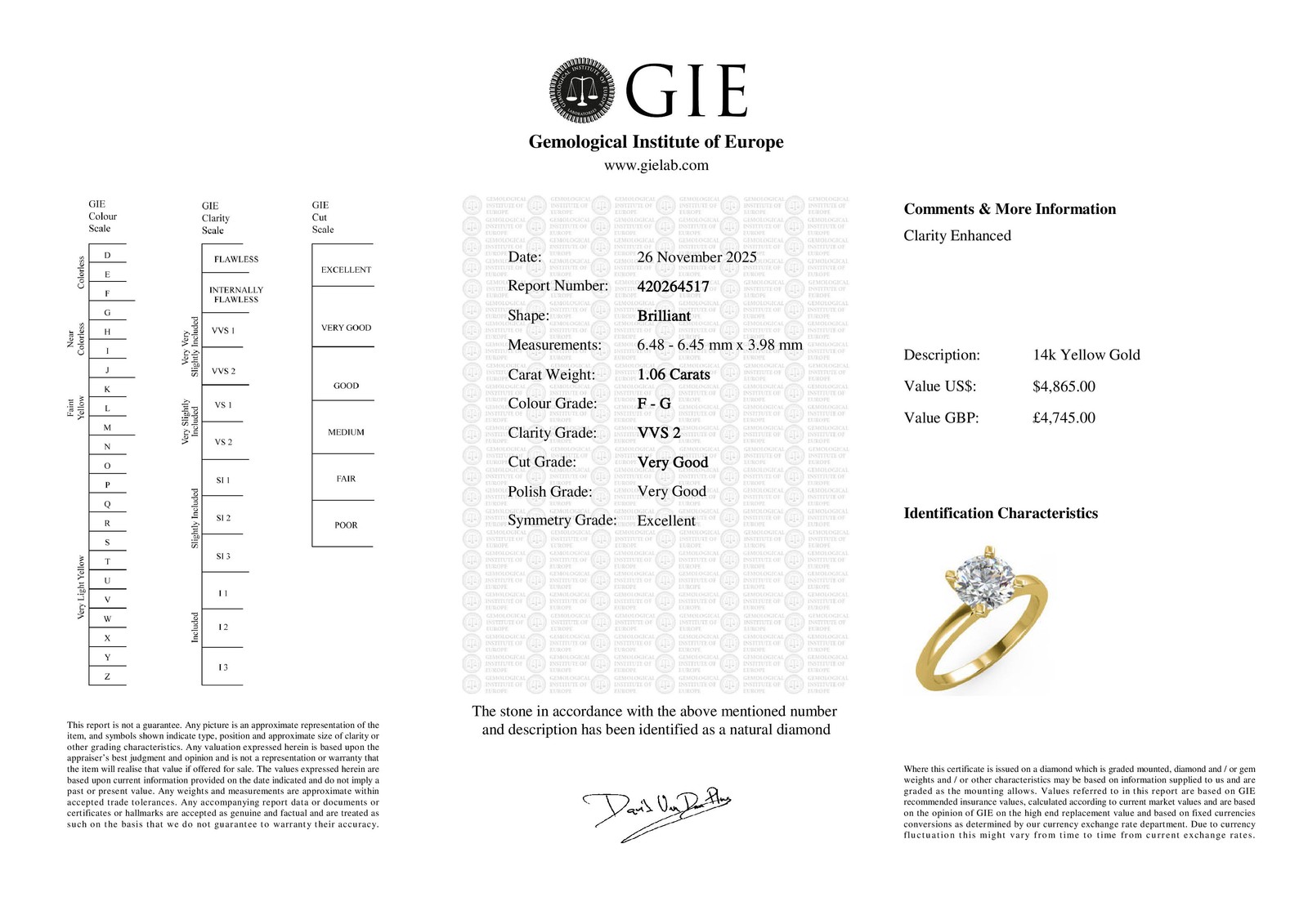 1.06 Ct Round Cut VVS2/F Solitaire Diamond Engagement Ring 14K Yellow Gold