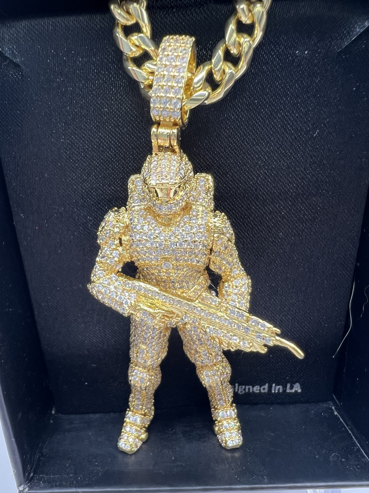 Halo x King Ice Master Chief Pendant 14K Gold 2.8″ Height + 20″ 5mm Cuban Chain