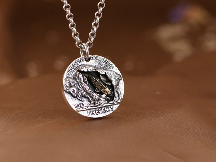 S925 Sterling Silver Indian Skull Headdress with Gold Fish Ball Charm Pendant