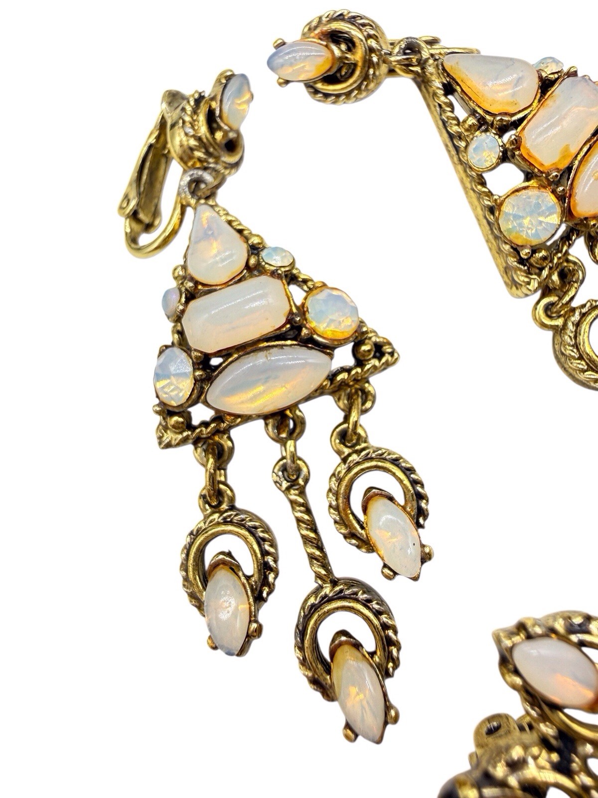 Vtg Hollycraft Set Brooch Dangle Earrings Fiery Opal Rhinestone Gold 50s 60s C