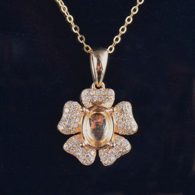 Oval Cut 7×5MM 14K Yellow Gold Natural Diamond Semi Mount Flower Pendant Setting