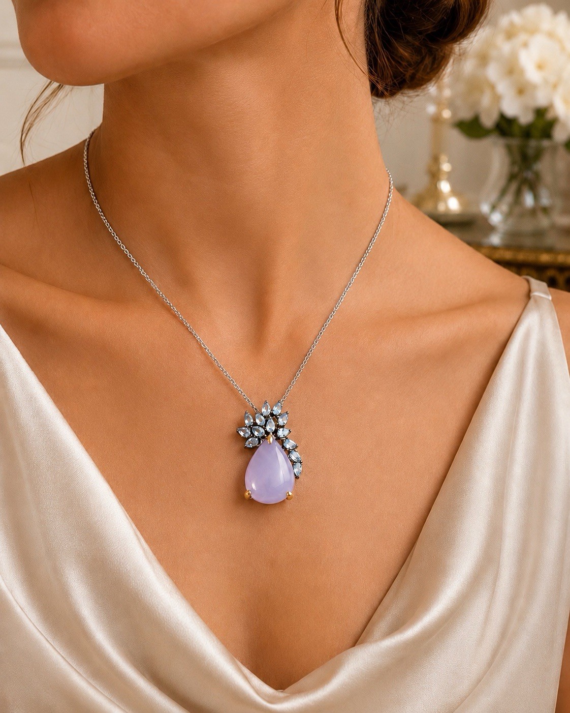 925 Sterling Lavender Chalcedony 18” Necklace Floral Blue Gemstone Pendant