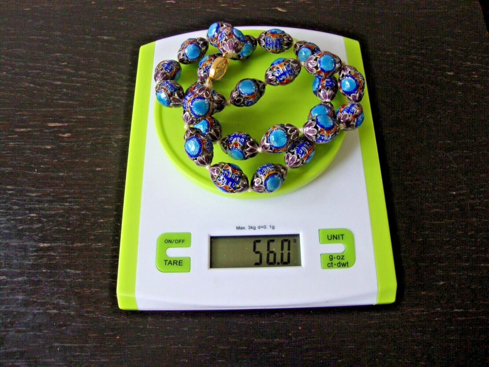 VINTAGE CHINESE EXPORT CLOISONNE MULTICOLOR DOUBLE SHOU SILVER EGG BEAD NECKLACE
