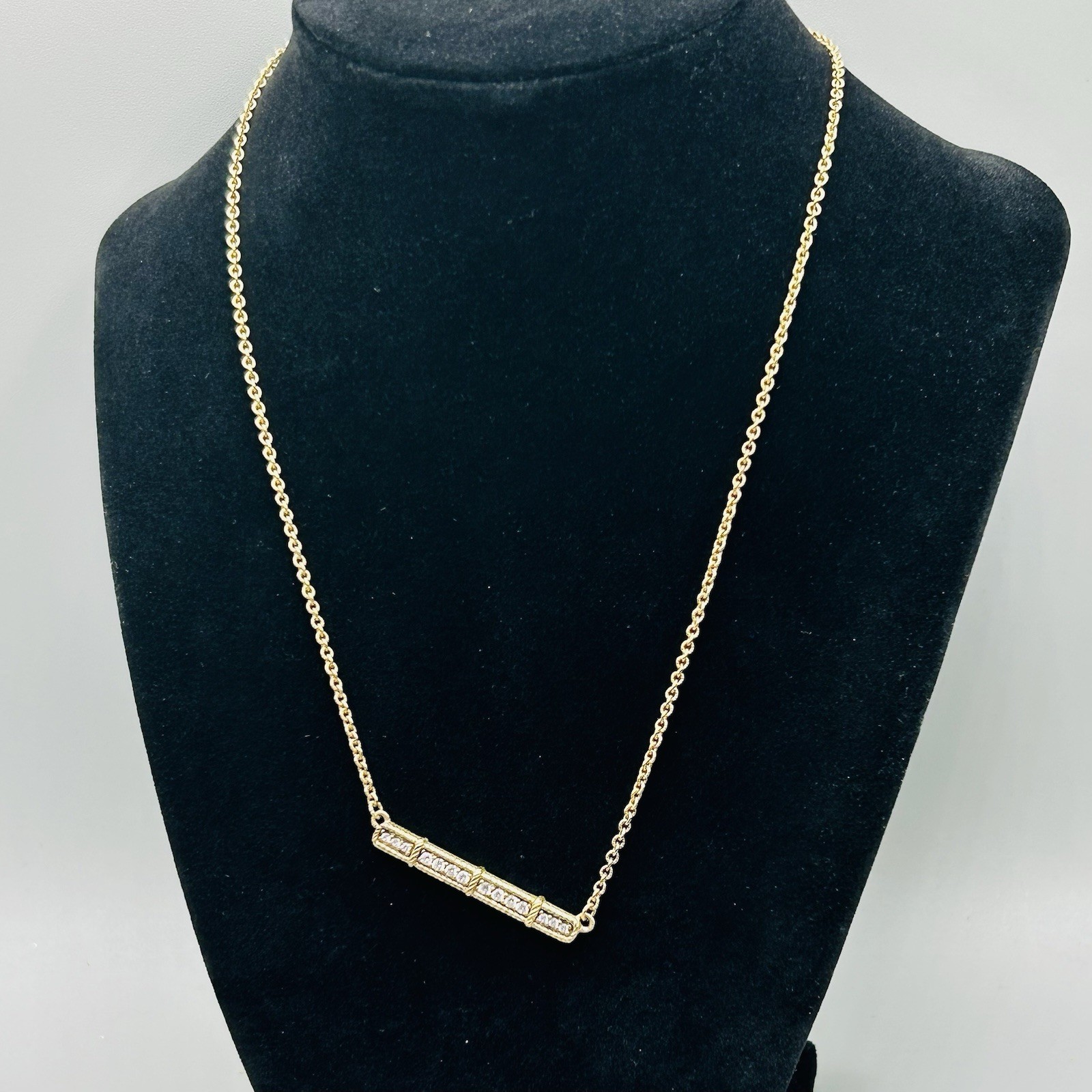 Judith Ripka Sterling Silver (gold color) Bar Necklace w 14 CZs +3 More on Clasp