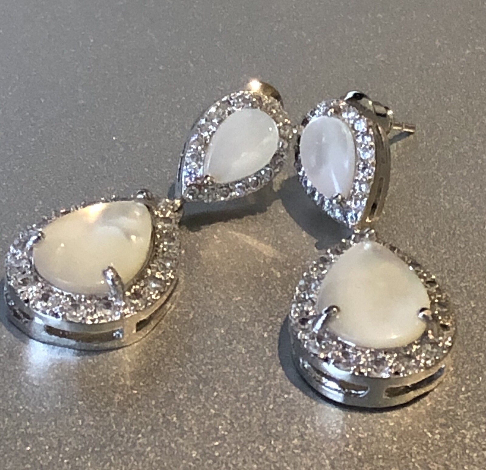 18k White Gold Plated Mother of Pearl Drop Earrings made w/ Swarovski Crystal