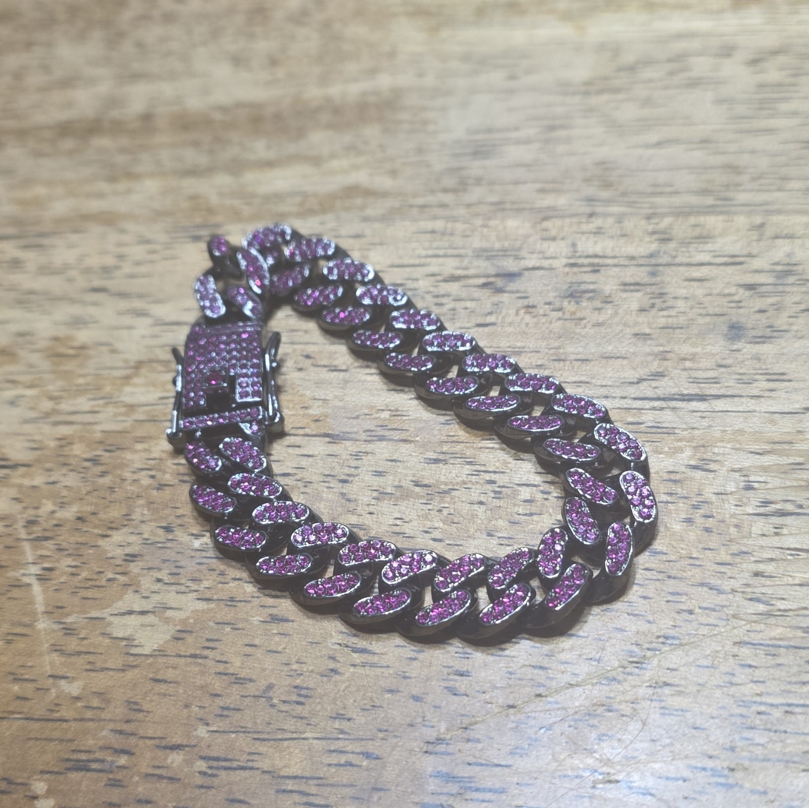 Purple Cuban Link Chain Bracelet w/ Round Cubic Zirconia Rhinestones, Box