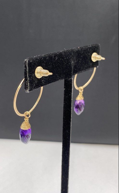 10K Yellow Gold Amethyst Briolette Hoop Dangle Earrings 2.4g 1.5″