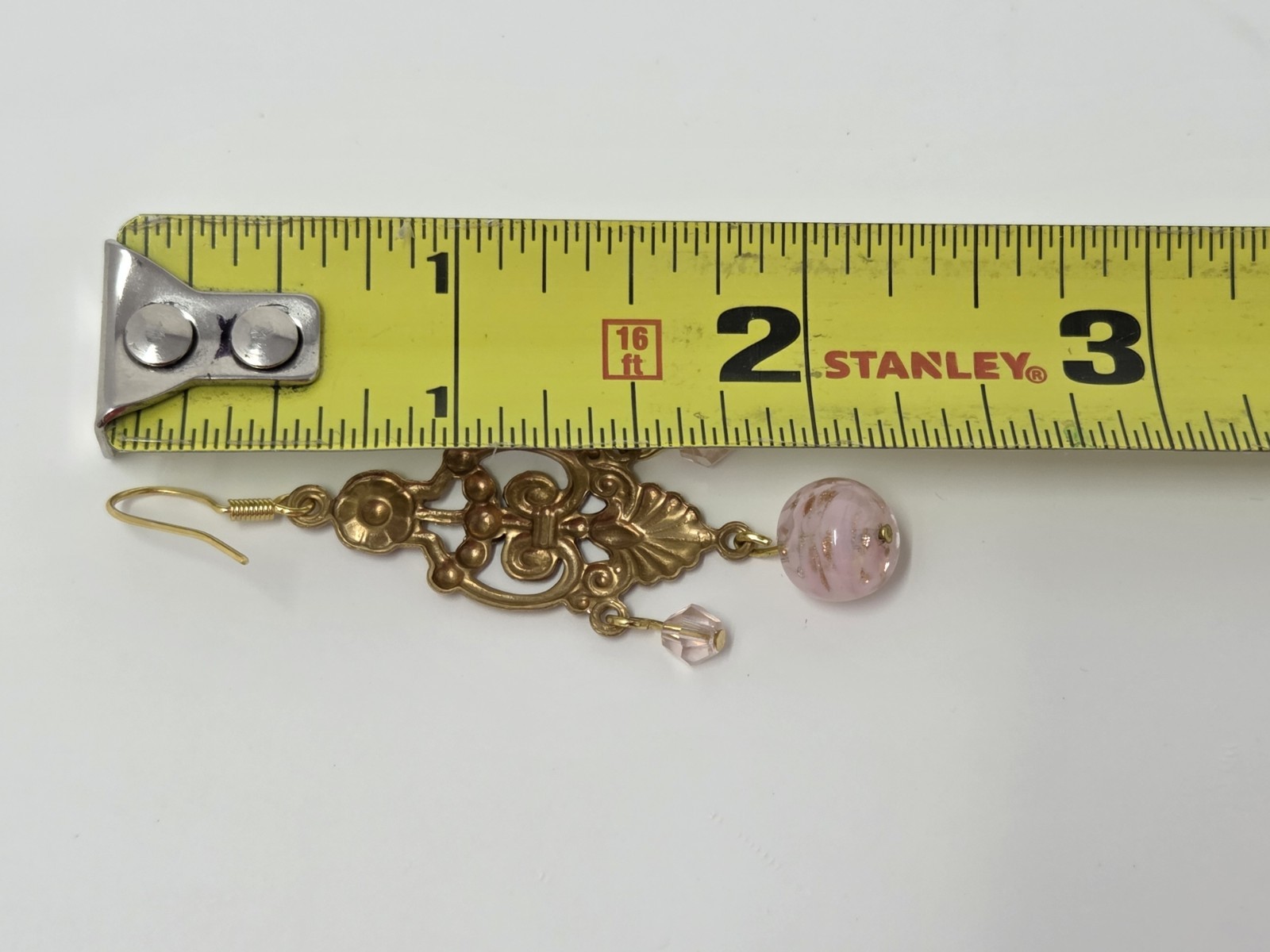 Light Pink Gold Murano Glass & Pink Crystal Dangle Drop Earrings Vintage 2 Inch