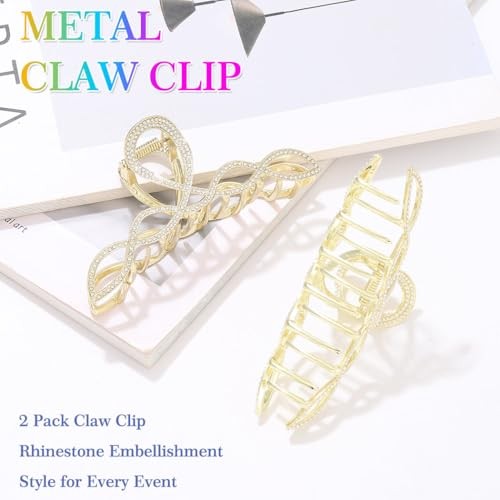 Rhinestone Metal Hair Claw Clips for Women Large 2 Pack | 4.5 Inch for Gold
