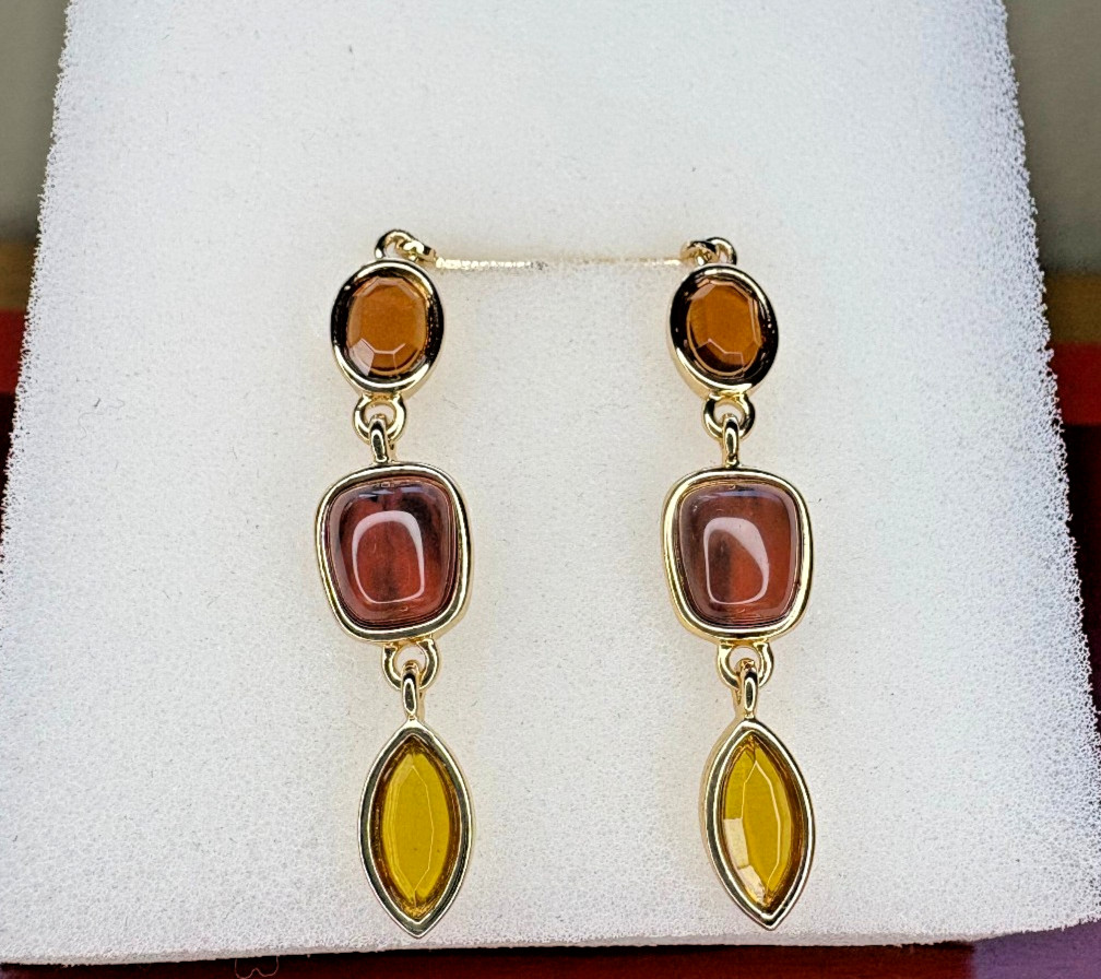 Cassy Gold-Plated Earthy Tone Dagling Earrings. Lead free and Nickel free