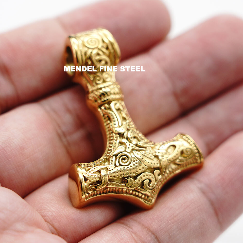 MENDEL Mens 10k Gold Plated Viking Thors Hammer Mjolnir Pendant Necklace For Men