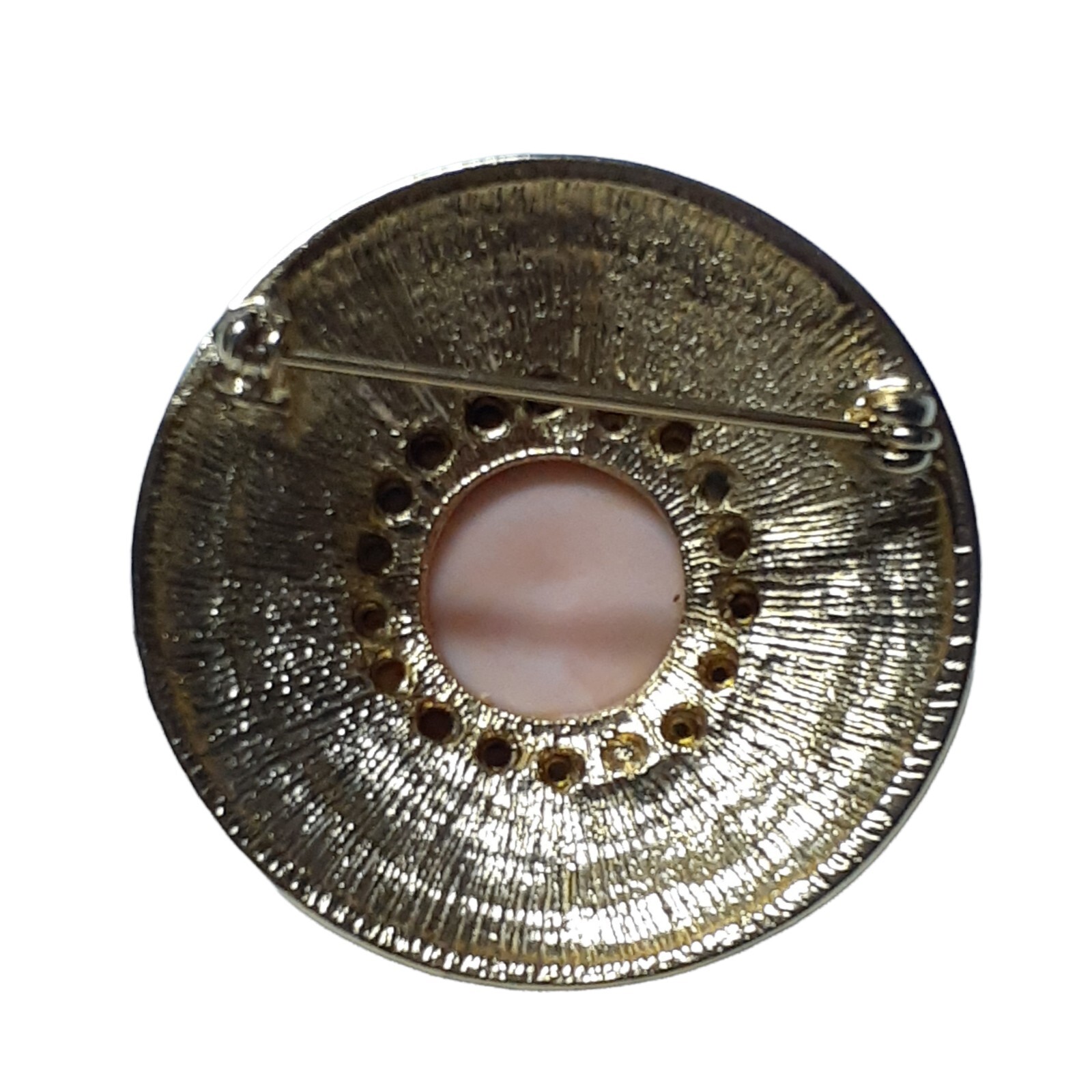 Vtg Brooch Pink Enameled Round Hat Brim Rhinestone Brown Diamond Shape Pattern