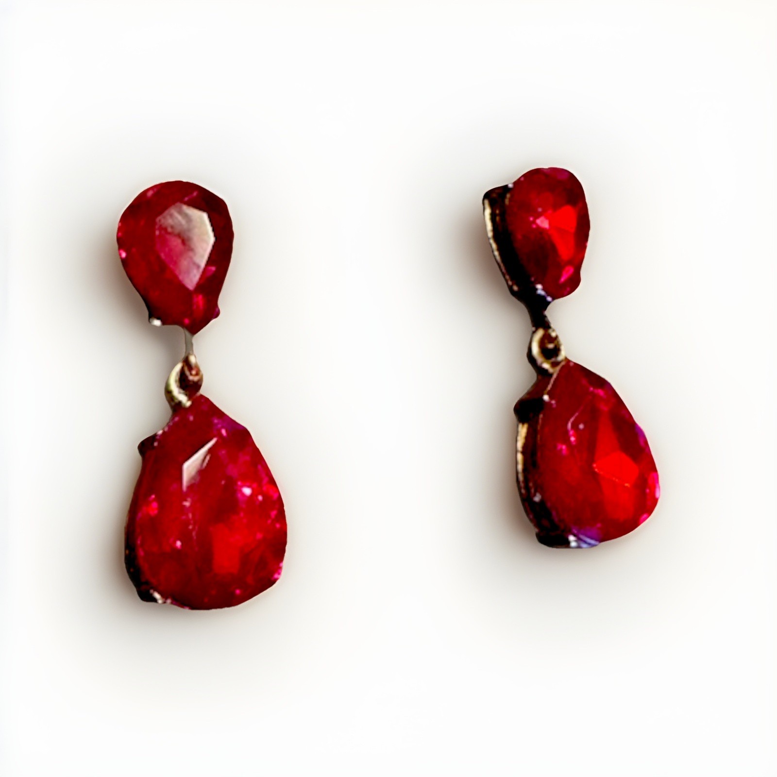 NEW Z by Zaxie Red Teardrop Dangle Earrings Double Drop Crystal with Gold Tone