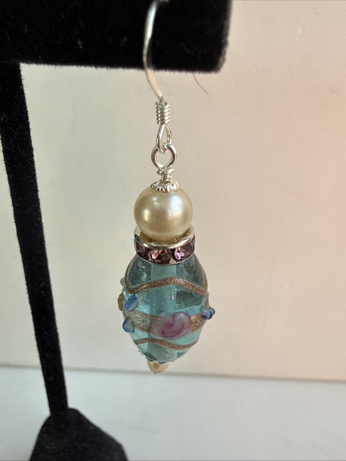 Blue & Pink Wedding Cake Glass Bead Pearl Dangle Earrings Rhinestone Roundelle