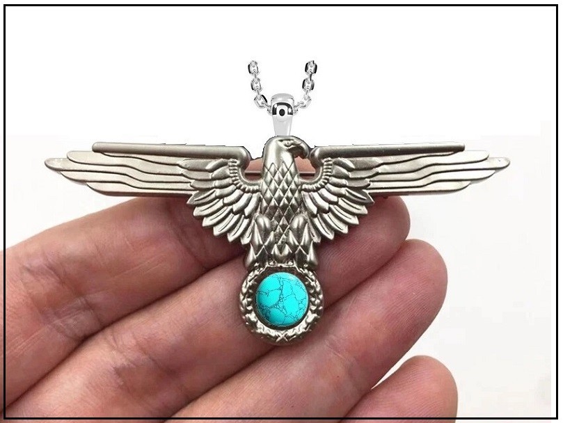 GERMAN EAGLE w/ TURQUOISE Necklace – 2 3/4″ Wide Silver Steel – 24″ Chain