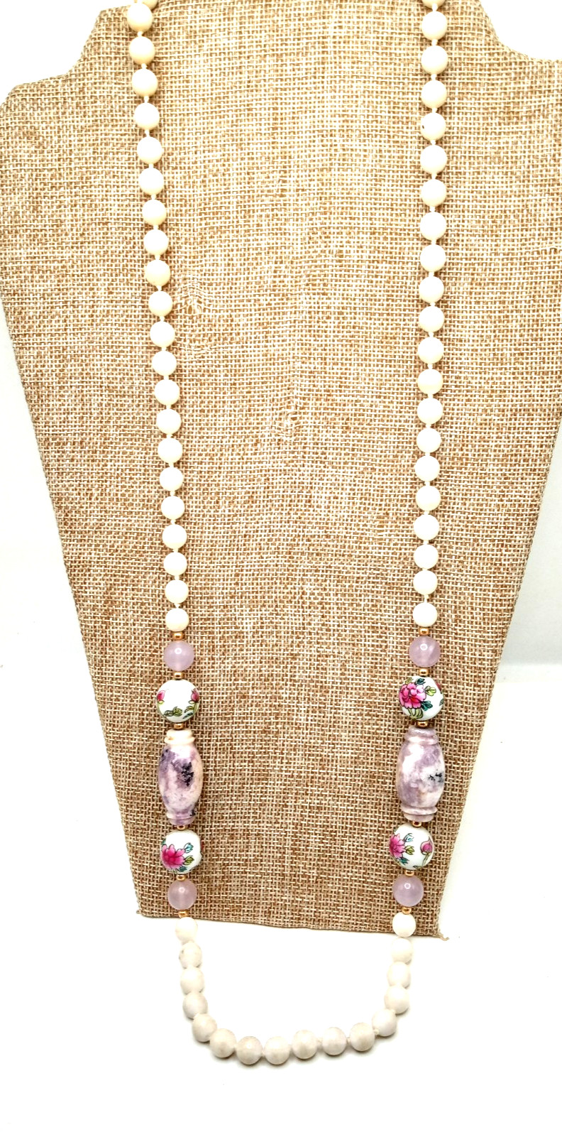 Vintage Porcelain Hand Painted Beads 32 In Necklace w Amethyst and Stone Beads