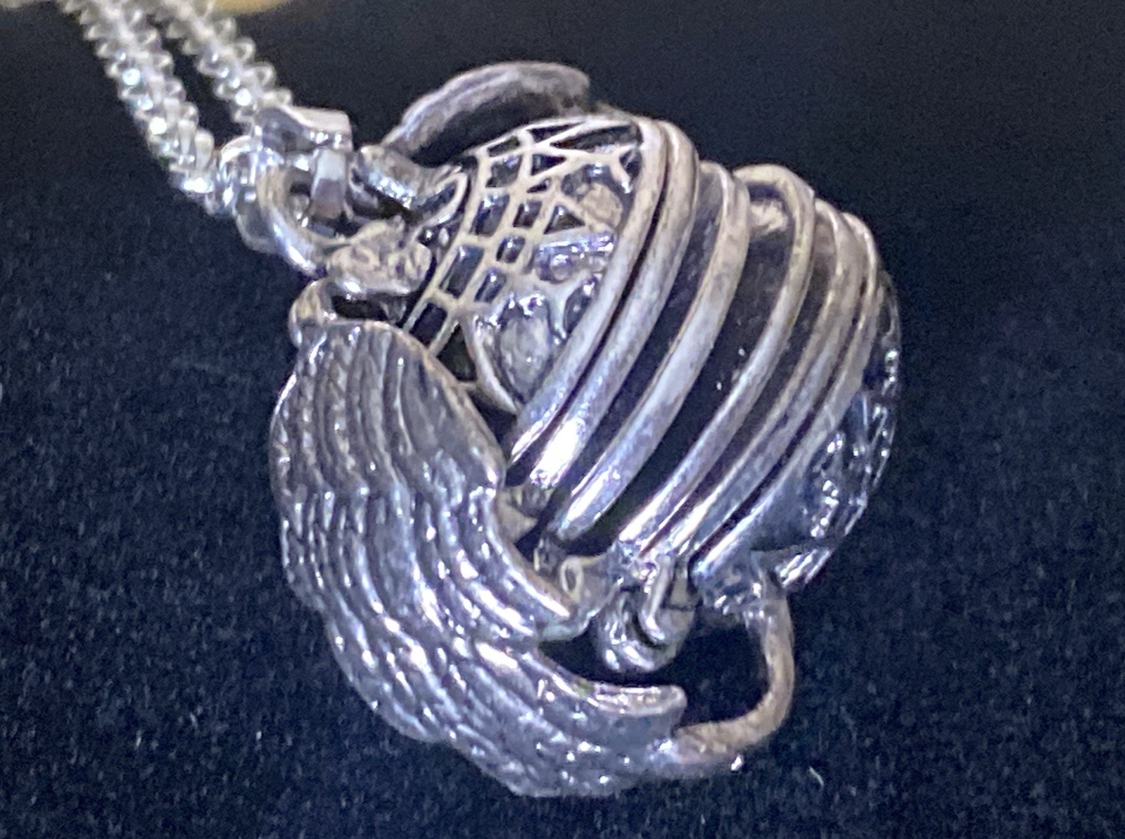 Puzzle Ball Pendant Necklace Angel Wings Sphere Photo Locket Silver Tone 24 In
