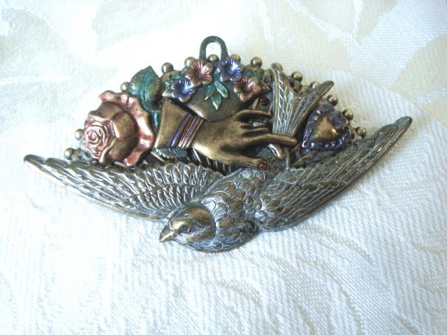 Victorian Revival Assemblage Fan Brooch With Bird Hand Heart Flowers KJ