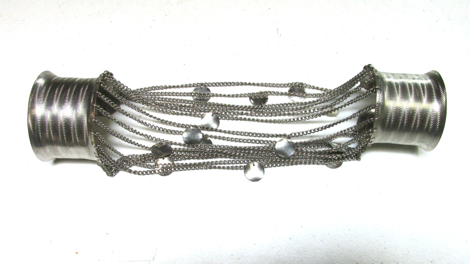 Vintage Belly Dance Metal Silver Tone Arm to Wrist Chain Attached Cuff Bracelets