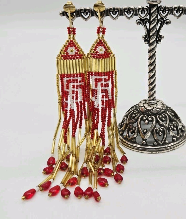 Beaded Chandelier Earrings Red and Gold Handmade Boho Flower Waterfall 5.5 in
