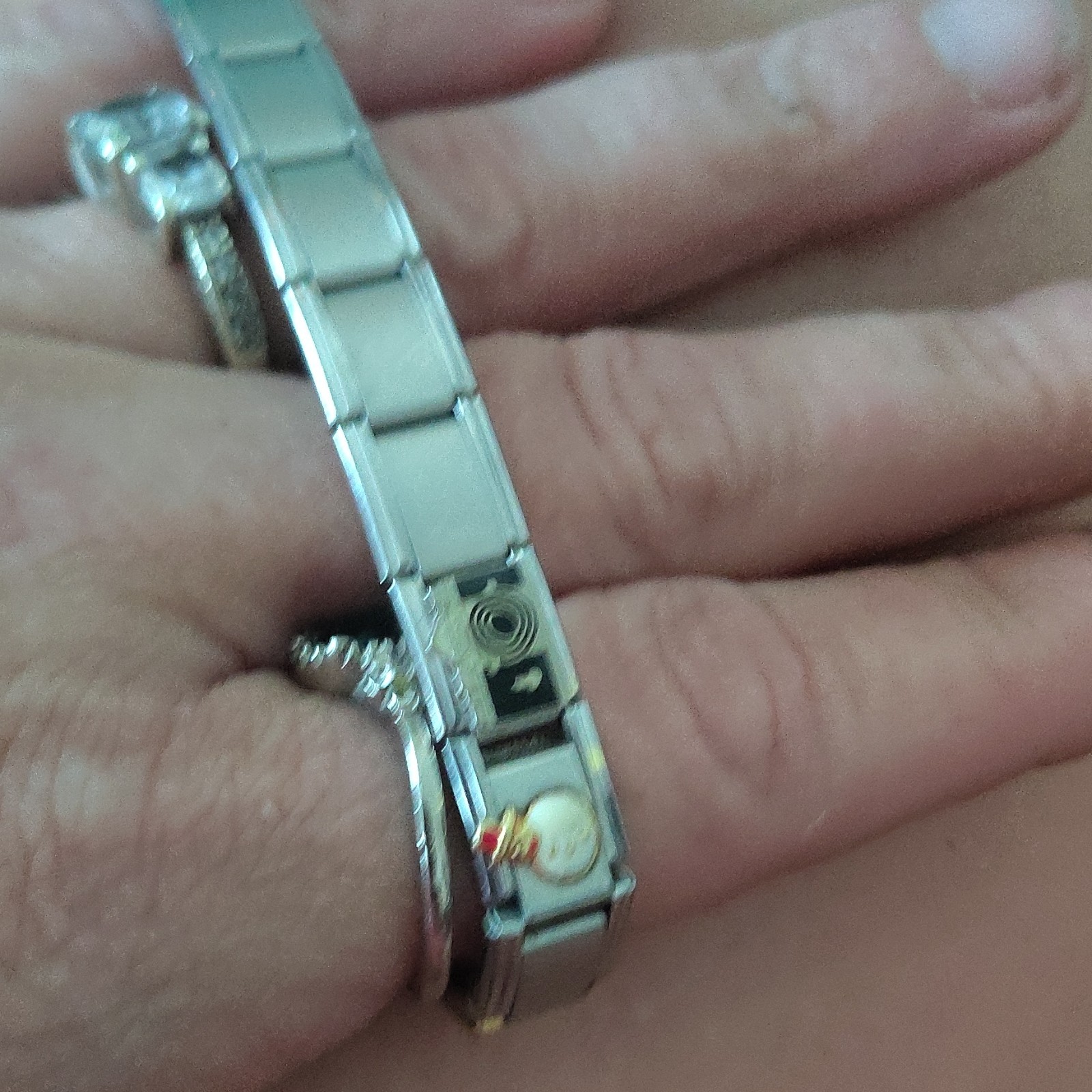 Italian Modular Charm Link Bracelet, Silver Tone Stainless Steel, Fold Over
