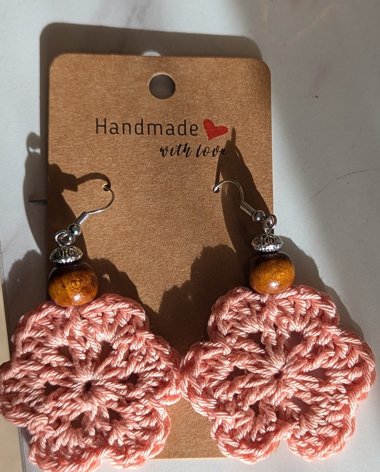 Handcrafted Pink Crochet Flower Dangle Earrings Lightweight & Beautiful 1&1/2 In