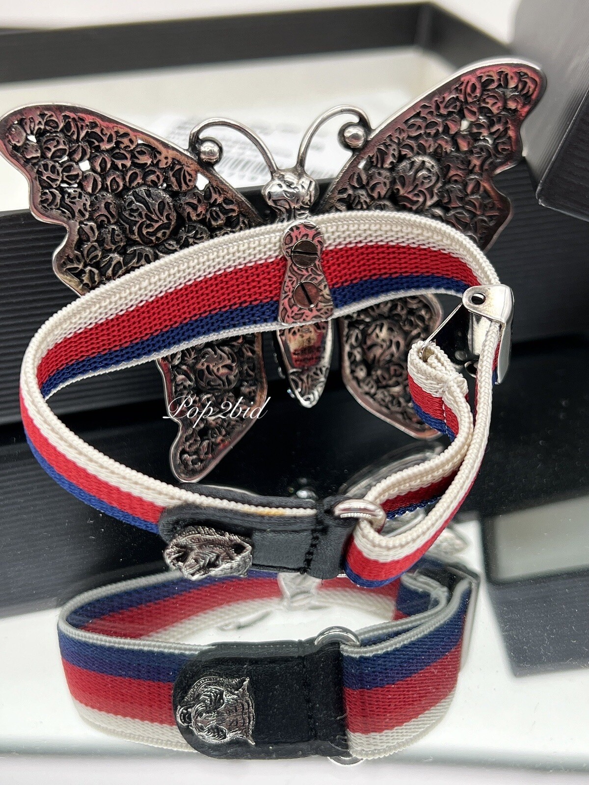 NWT 100% Authentic GUCCI Crystal Butterfly Web Strap Adjustable Bracelet