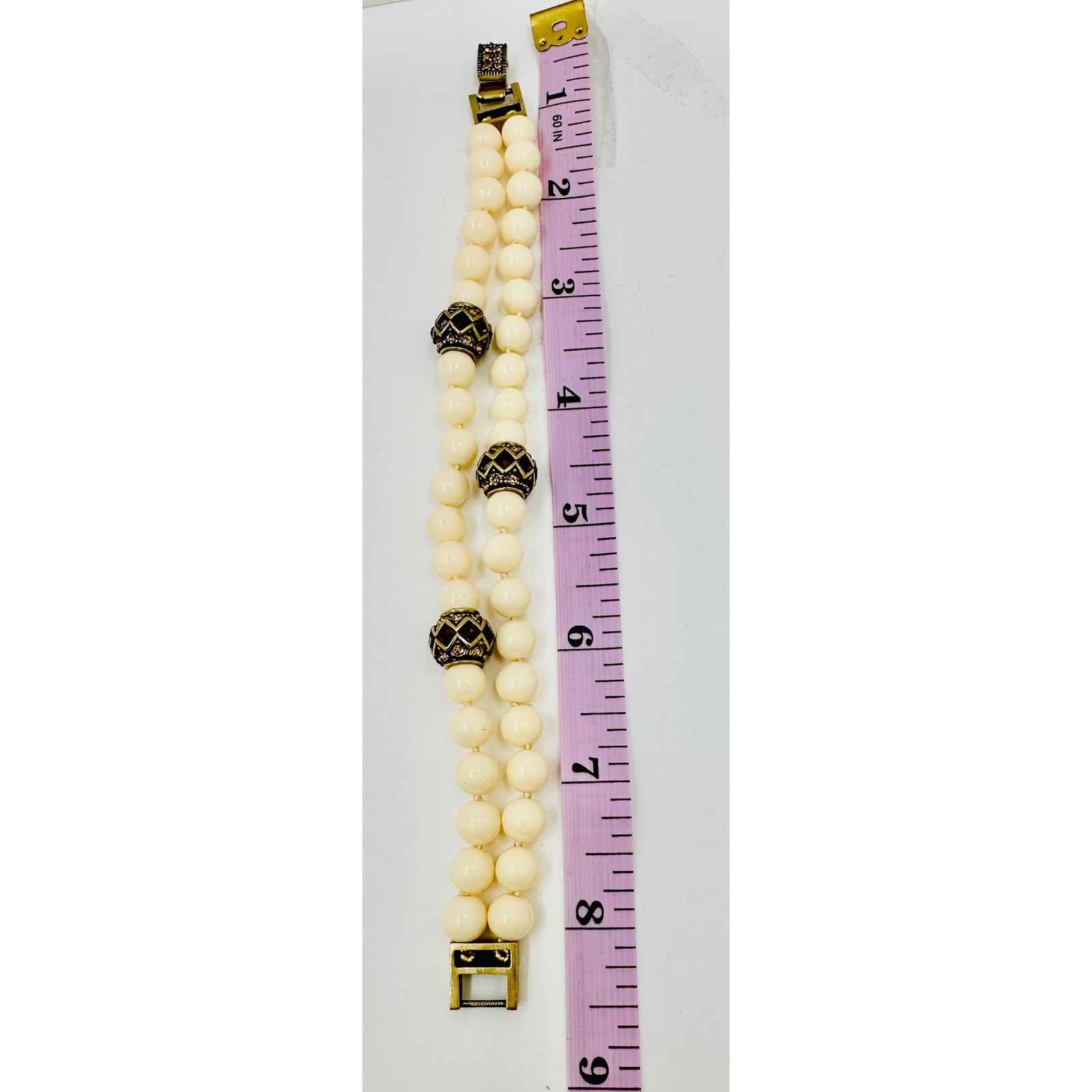 Heidi Daus Cream Faux Pearl Double Strand Bracelet Bronzetone Crystal Clasp 8in
