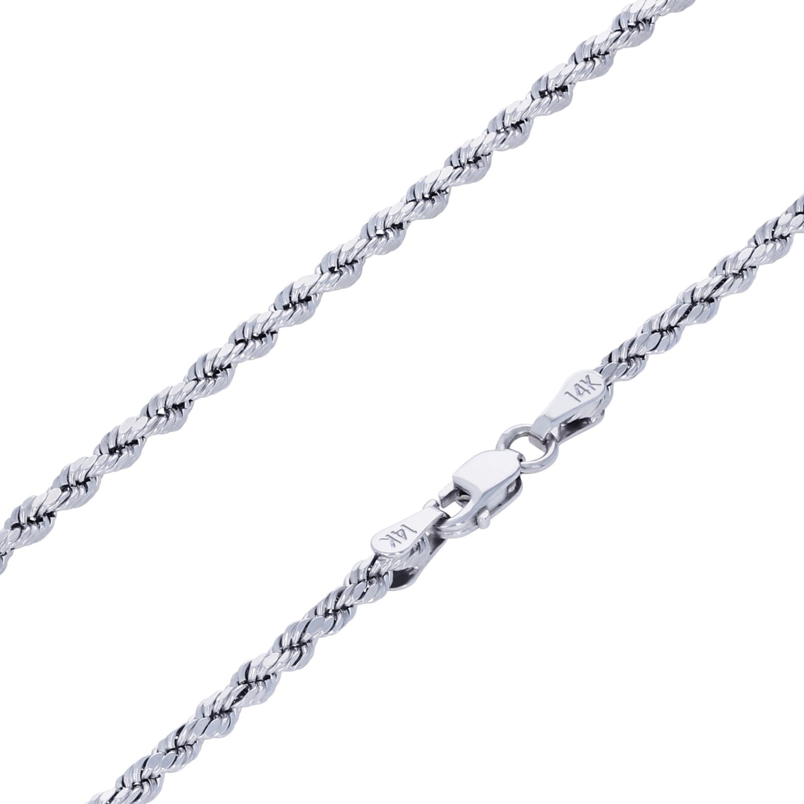 14K White Gold 2.5mm Diamond Cut Rope Chain Pendant Necklace Mens Women 14″- 30″