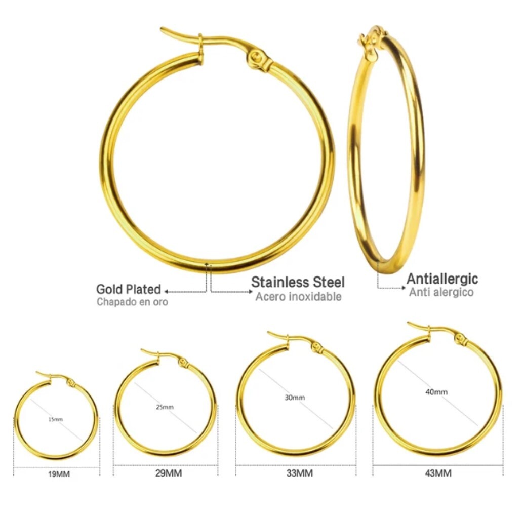 1 Pair Stainless Steel Silver Tone Hoop Earrings 10 ,15, 20, 25, 30 ,40,45,50 mm