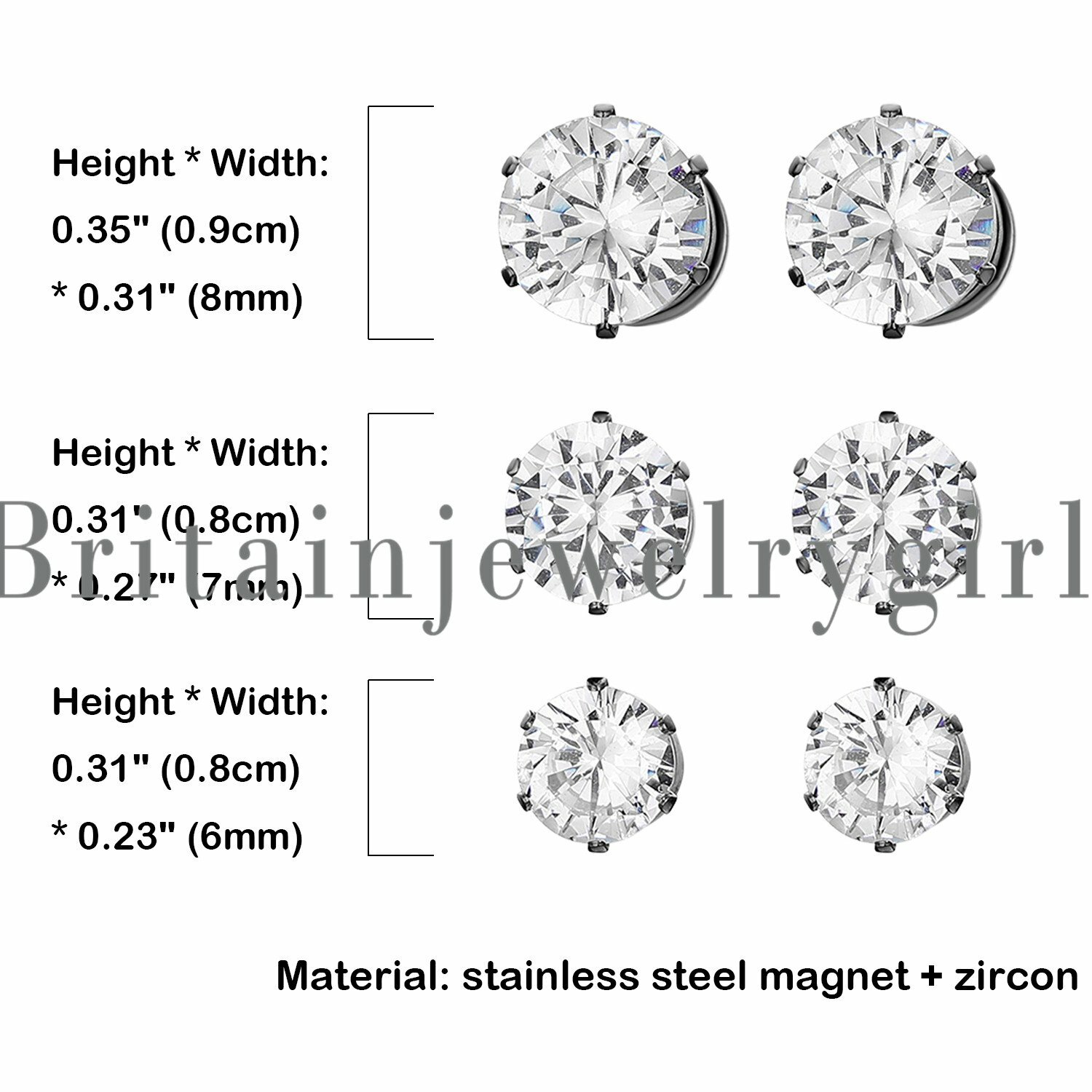 Stainless Steel Magnetic CZ Stud Earrings for Womens Mens Non-Piercing Clip On