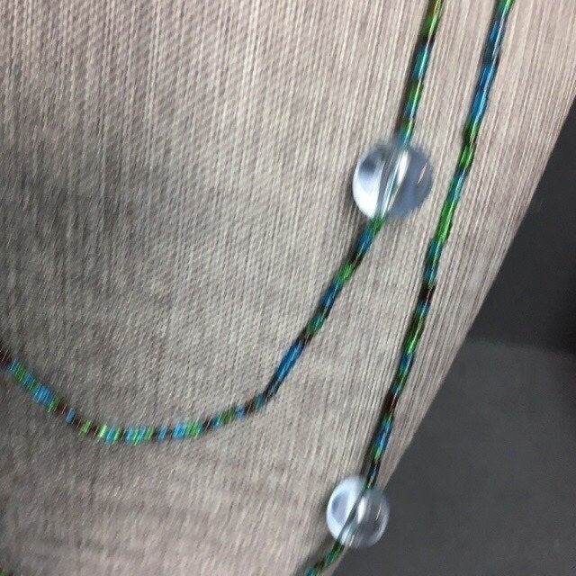 Long Seed Bead Necklace Blue Brown Green Clear Transluscent Retro Boho