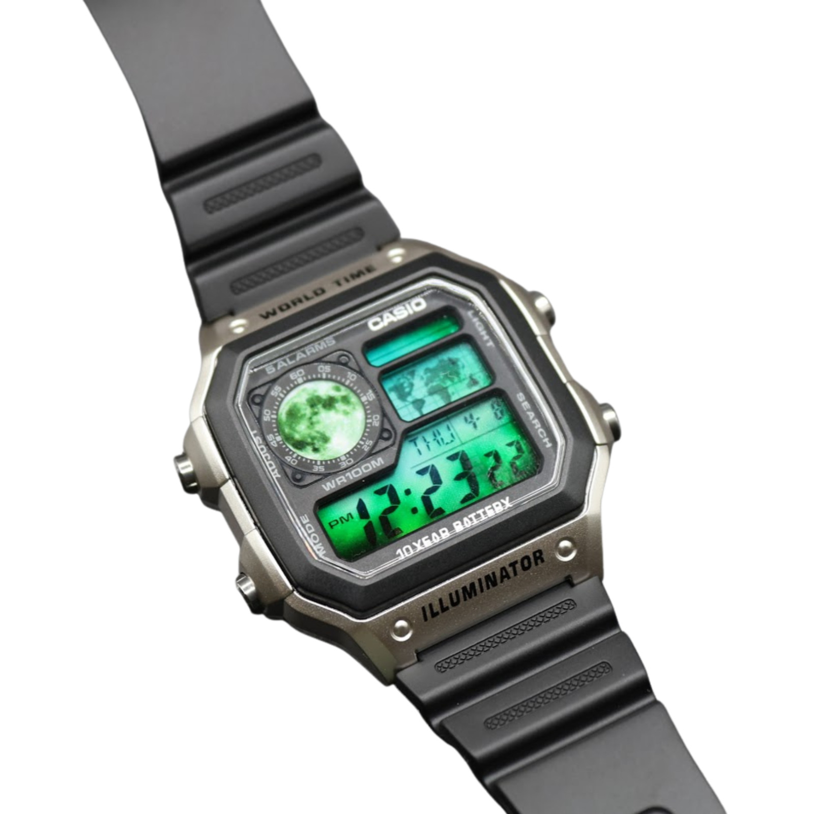 CASIO AE-1200WHD Royale World Time Watch Mod Lunar Green Display