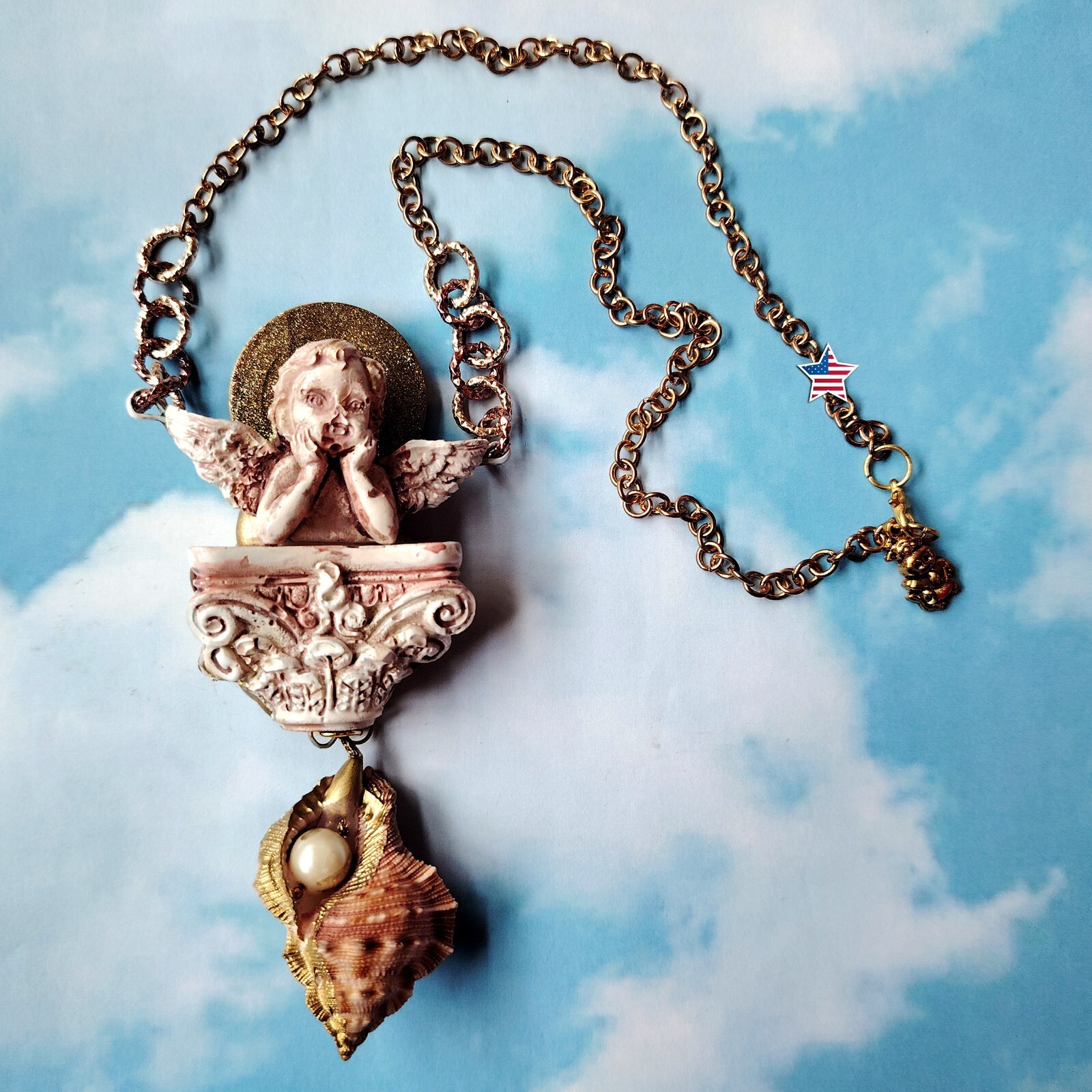 Necklace Winged Angel Cherub Talisman Baroque Pendant Amulet Shell Charm Jewelry
