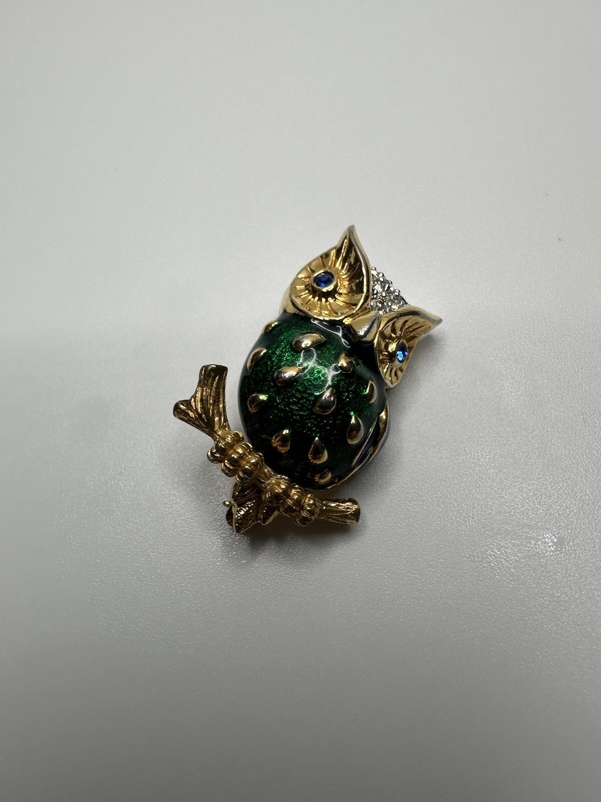 Vintage Gold Blue Green Enamel Rhinestone Owl Brooch 3.6cm JB8