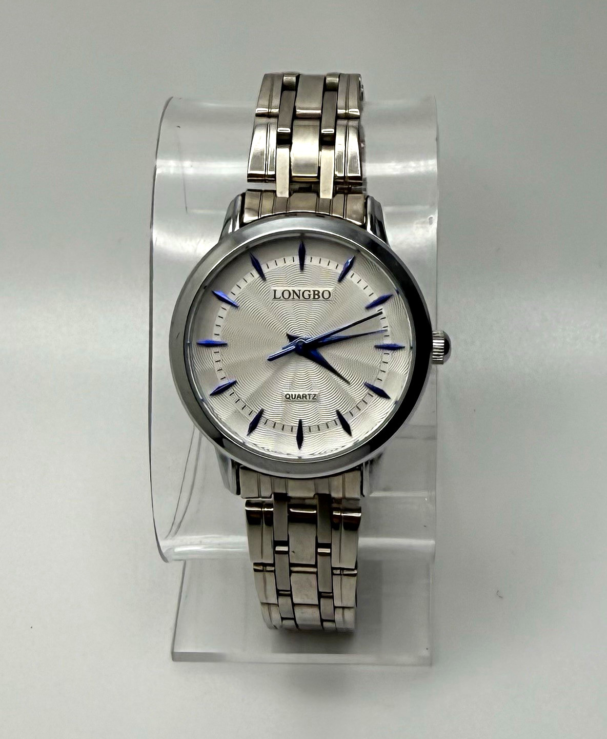 LONGBO Quartz Silver Tone Bracelet Watch Silver/Blue Dial Baton Markers