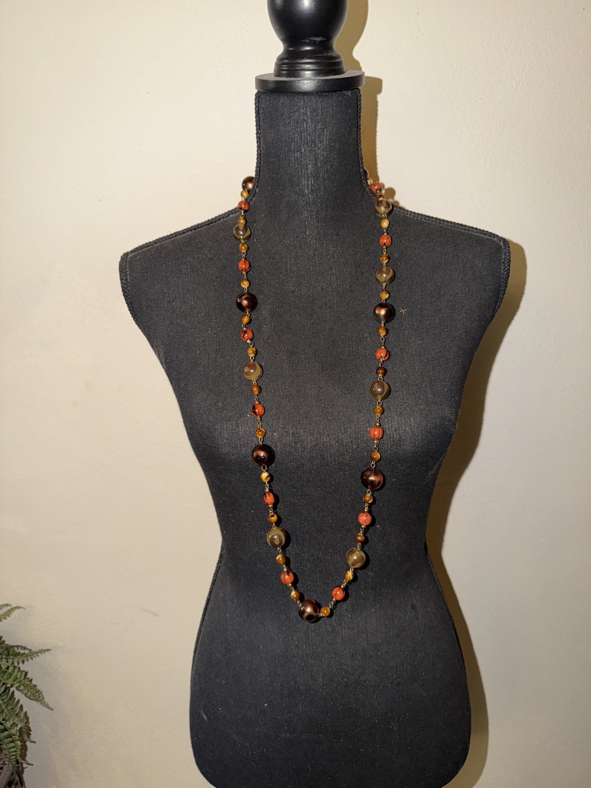 Vintage Long Brown, Orange & Amber Glass Bead Necklace Strand No Clasp.